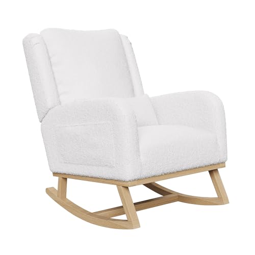 Lazyspace Mecedora blanca de tela de peluche, silla de relax, sillón de salón, silla de lactancia, silla mecedora con bolsillos laterales y base de madera para salón, dormitorio, balcón, soporta hasta