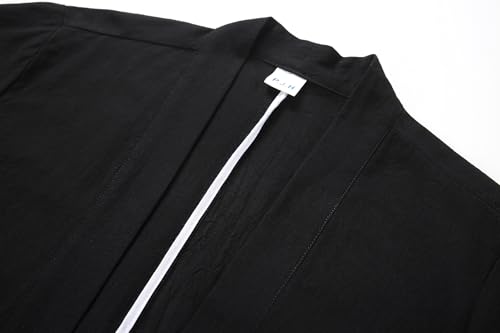 Image of Mens Japanese Kimono Cardigan Cotton Linen Haori Fashion 3 /4 Sleeve Yukata | Shawl Collar Kimono Jacket Robe Embroidery Patchwork Happi Coat Tie Pockets Lightweight Outerwear Daily Casual All Seasons