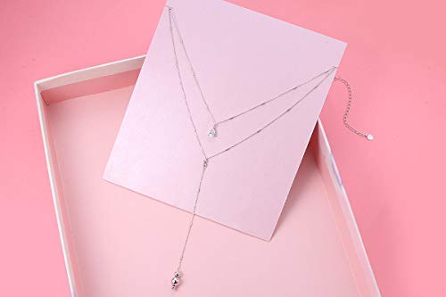 FLYOW Mother's day Gifts Double Layered Teardrop Choker Necklace S925 Sterling Silver Y Lariat Necklace for Women Drop Dainty Long Necklace - Image 5