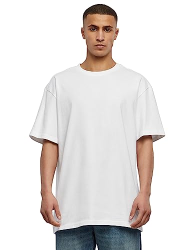 URBAN CLASSICS Camiseta básica de manga corta, cuello redondo normal, de algodón grueso, largo normal, oversized, de hombre, moderna, color blanco, talla L