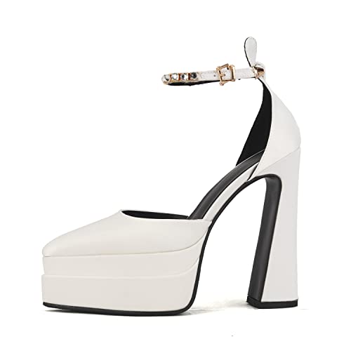 Arqa Women's Platform Heel Pumps Rhinestone Ankle Strap Pointed Toe High Heels Satin Silk Platforms Dress Wedding Shoes