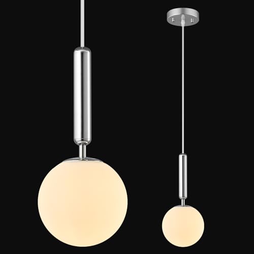 Image of Modern Hanging Light Fixture Pendant Lighting for Kitchen Island Mid Century Chrome Pendant Lights with Globe Milky White Glass Pendant Light for Bedroom Bathroom Entryway (1 Pack)