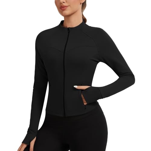 AMZSPORT Sportjacke Damen Atmungsaktive Laufjacke Eng Trainingsjacke für Yoga Gym Sport Schwarz M