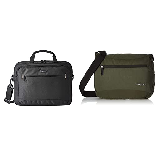 Image of AmazonBasics 14-Inch Tablet Bag, Black and Amazon Brand - Solimo Sling Bag (Olive Green)