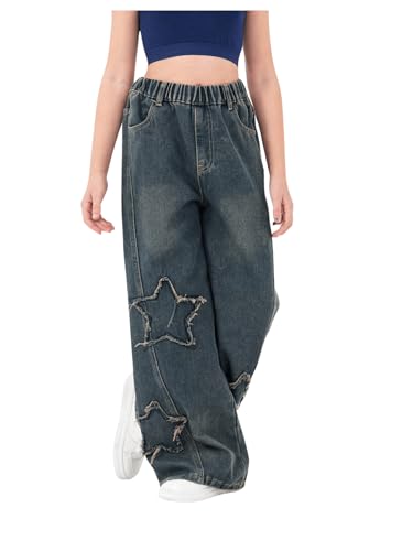 OYOANGLE Girl's Elastic High Waist Wide Leg Jeans Y2K Ripped Pattern Denim Pants with Pocket