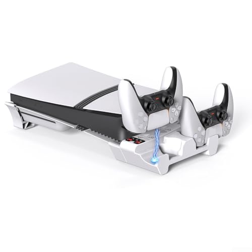 Estación de refrigeración horizontal para PS5 Pro/Slim con ventilador de 3 niveles, estación de carga de controlador dual, indicador de carga LED y soporte compacto de ABS blanco para una