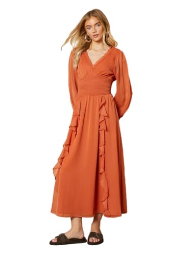 Oasis Plain Ruffle Detail Shirred Waist Midaxi Dress, 8, Ginger
