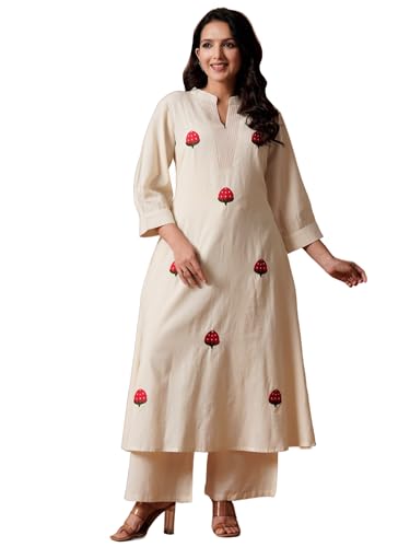 Image of INDO ERA Women's's Pure Cotton Embroidered Kurta Women | Floral Neck & Hem Embroidery | Cotton Kurta Women |