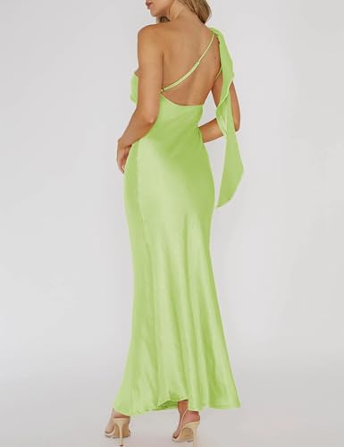 Image of 2026 Satin One Shoulder Maxi Dress for Women Summer Silk Formal Elegant Backless Ruffle Sleeveless Wedding Guest Dresses