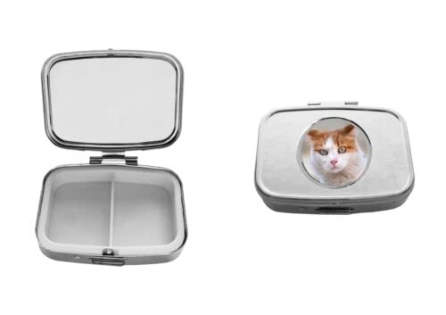 Ginger white cat codey45 DOME on a silver metal pill box 2 slots Tablet Storage