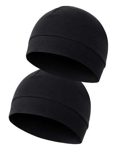 MELLIEX 2 Packs Skull Caps Beanie Unisex Cycling Helmet Liner Cap Thin Cotton Multifunctional Beanie Hat for Running Sleeping Black