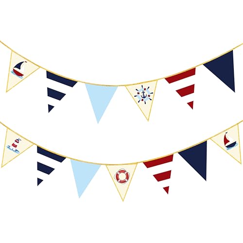 Image of Navy Red Beige Gold Glitter Stamping Paper Pennant Banner Flag Triangle Bunting for Nautical Pirate Ahoy Achor Theme Birthday Baby Shower Wedding Let's Get Nauti Bachelorette Party Decoration Supplies