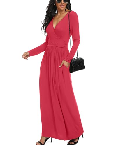 Image of LILBETTER Women Long Sleeve Deep V Neck Loose Plain Long Maxi Casual Dress
