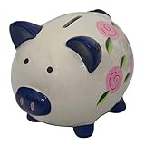 Hucha Infantil de Cerdito, realizada en Cerámica, con Dibujos de Flores. Diseño Original (15cm X 11,5cm X 11cm) - Hogar y Más (Azul)