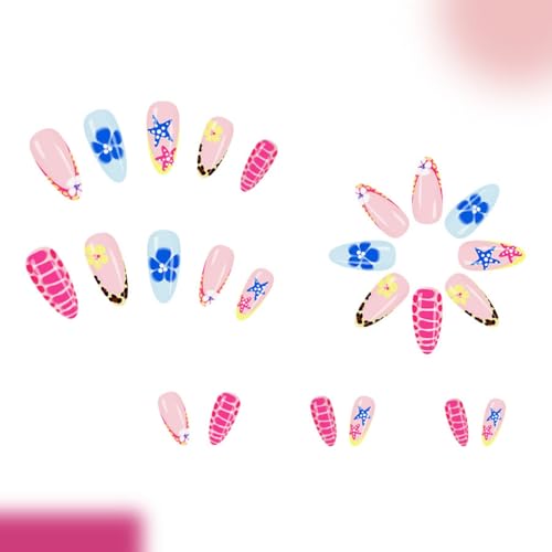 Image of Flower Press on Nails Medium Almond Fake Nails with Pastel Blue Fish Star Nail press ons Glossy Full Cover Ombre Stick on Nail for Women Manicure 24Pcs