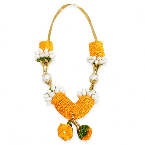 Image of Salvus APP SOLUTIONS Yellow & White Artificial Plastic and Fabric Flower Garland with Moti Balls | 8 Inch Pooja Mala for God Idols, Photo Frames, Temple & Home Decoration