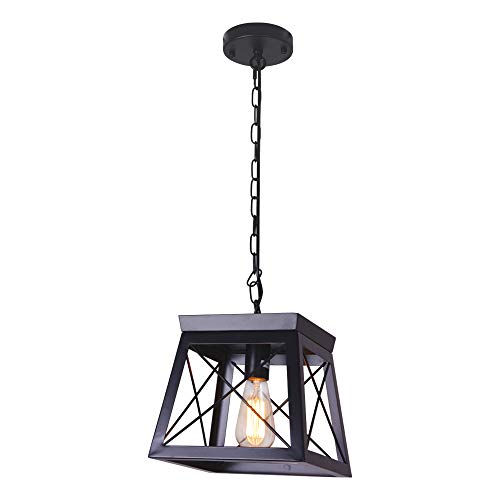 PUMING Farmhouse Pendant Light, Single Light Black Mini Industrial Hanging Chandelier, Kitchen Island Lantern Cage Ceiling Lights for Dining Room Restaurant Cafe Hallway Bar Barn
