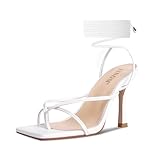 ISNOM Lace Up Heels Sandals for Women, Square Toe Open Toe Thong Strappy Heels Women's Stiletto Heeled Sandals -White