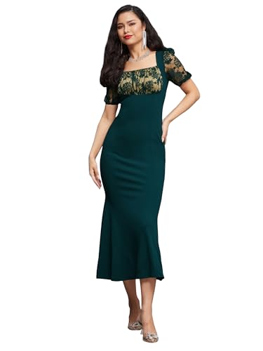 Image of Miss Chase Women's Square Puff Sleeve Solid Lace Overlaid Ankle Length Dress (Plus (MCSS22D13-48-42-07, Dark Green, 2XL)
