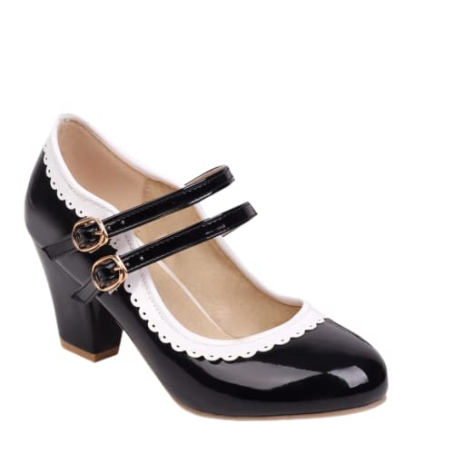 Women's Low Heels Mary Janes Shoes Chunky Closed Toe Straps Block Heels Sweet Dress Wedding Party Pumps Shoes Female Large Size