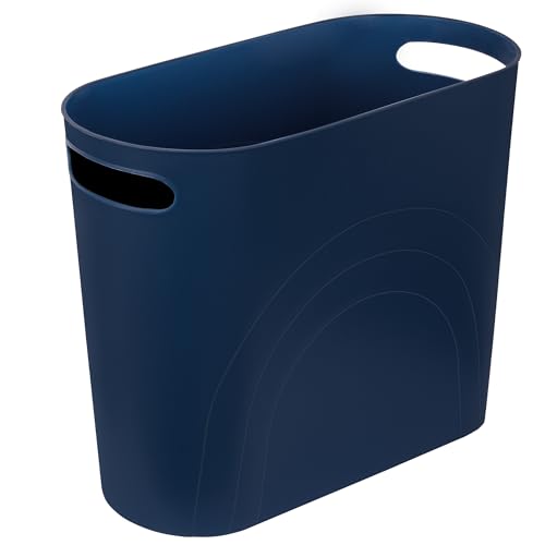 Image of rejomiik Small Trash Can, 3.5 Gallon Slim Garbage Can Plastic Waste Basket with Handles Container Bin for Narrow Spaces Bathroom, Bedroom, Kitchen, Office at Home, Navy