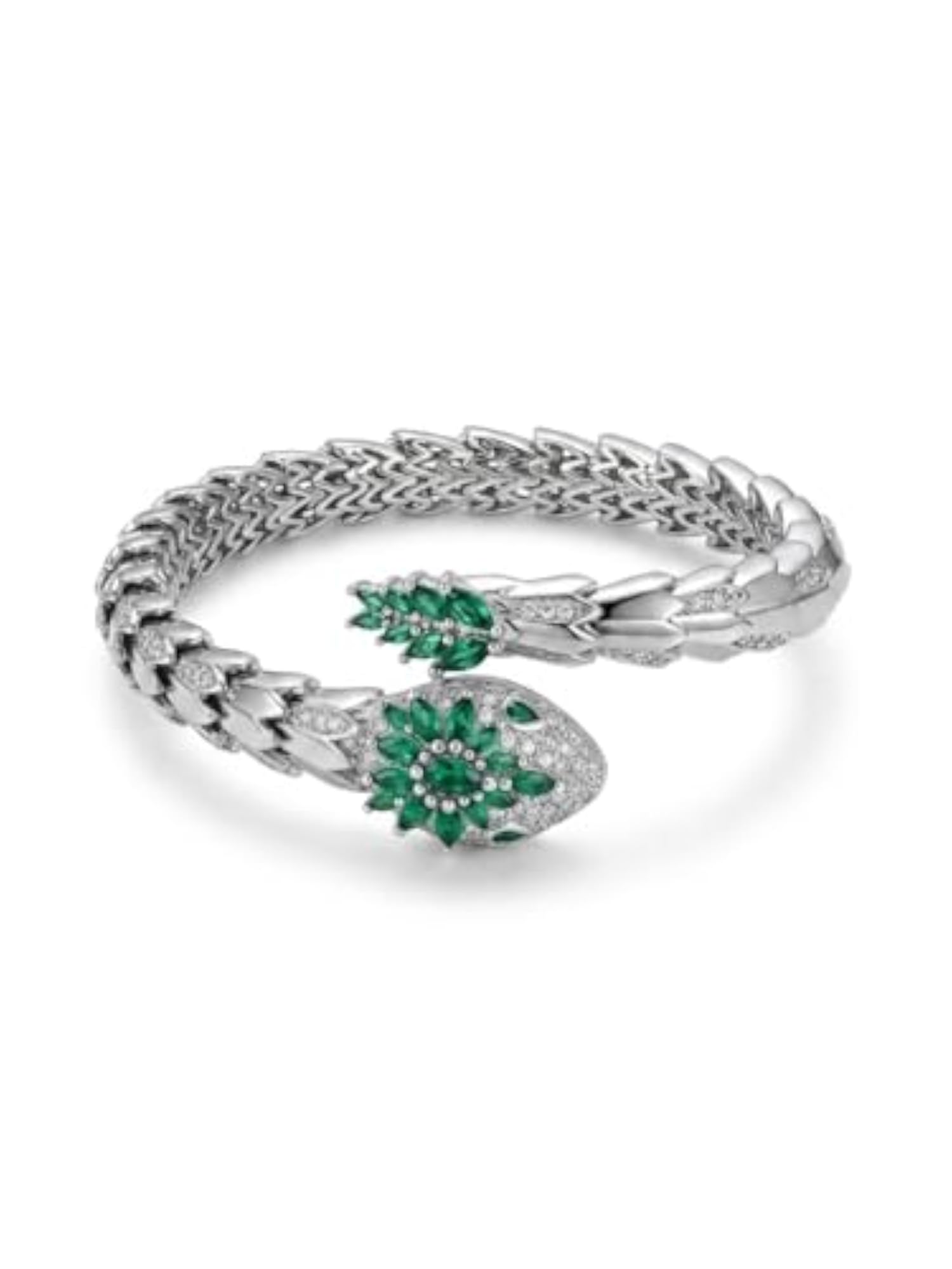 Marquise Emerald and Diamond-Accent Snake Bangle, Rhodium Plated