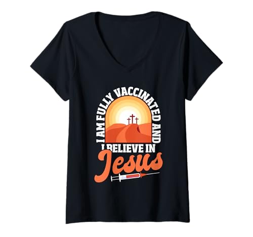 Womens Fully Vaccinated Jesus Faith Vaccination Christian V-Neck T-Shirt