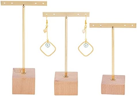 FINGERINSPIRE 3 Pcs Gold Metal T Bar Earring Display Stand 159/139/114mm Height Jewellery Stand with Wooden Square Base Jewelry Holders Hanging Jewelry Organizer for Store Retail Photography Props