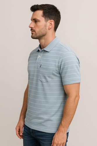 Image of WILD ELEPHANT Men Striped Polo T-Shirt | Cotton Short Sleeve Polo Neck with Button | Chest Pocket Casual Wear