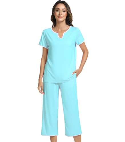 Image of NACHILA Women's Pajamas Set-Viscose Made from Bamboo,Short Sleeve Sleepwear Soft Pjs with Capri Pants Loose Loungewear