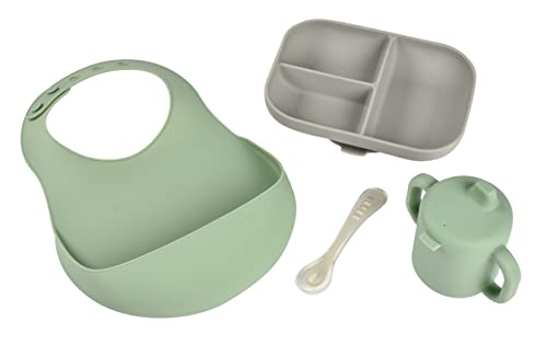 BÉABA Set Vajilla Silicona Comida Bebé, lo esencial, Babero Silicona Bebe, Cuchara Silicona, Taza Silicona Bebe, Plato compartimentado, Verde Salvia/Gris Terciopelo
