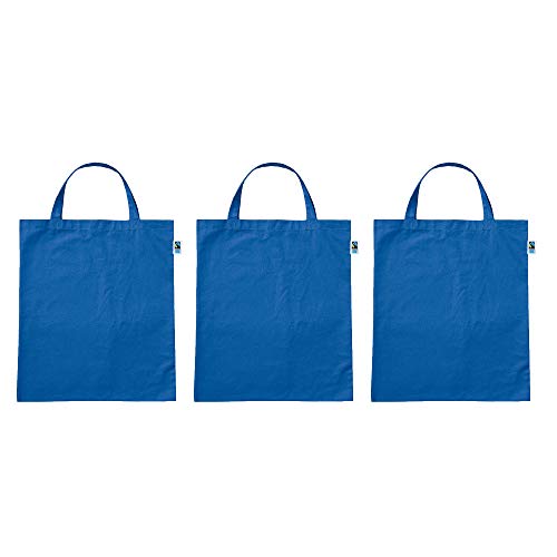 noTrash2003 Fairtrade Baumwolltragetasche 100% Bio Baumwolle Kurze od. Lange Henkel mit Fairtrade Logolabel, versch. Mengensets (Royalblau, 3er Set Kurze Henkel) Cover