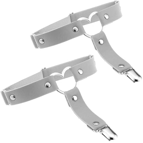 Adove Women Adjustable Leather Thigh Garter Heart Shaped Leg Garter with Clips punk goth Garters for thigh high socks(White)