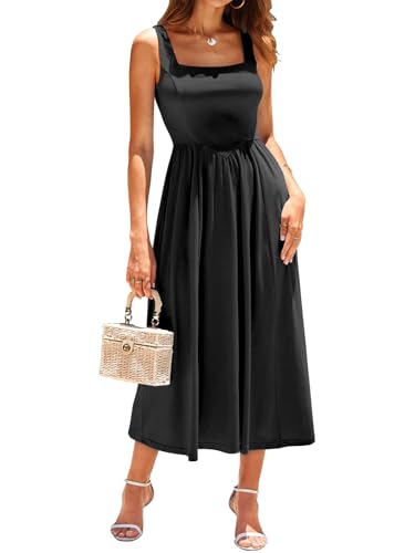 Image of Sureple Midi Dresses for Women 2026 Spring Square Neck Tank Sleeveless A Line Casual Summer Sundresses with Pockets