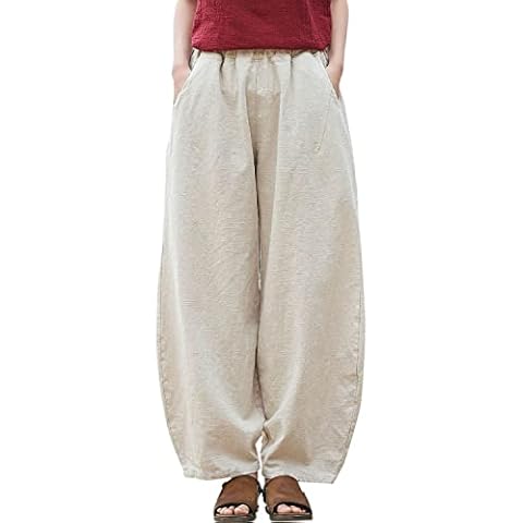 IXIMO Women's Linen Pants Casual Wide Leg Relax Fit Ankle Length Lantern Trousers Beige L Cover