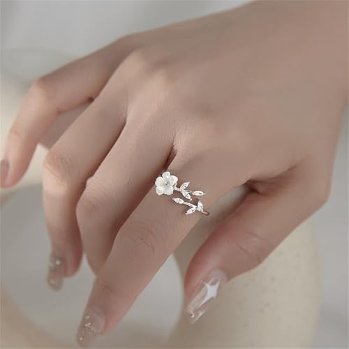 Dainty CZ Flower Leaf Open Adjustable Rings for Women Silver Plated Hypoallergenic Cubic Zirconia Crystal Floral Leaves Wrap Finger Band Ring Wedding Promise Love Statement Unique Jewelry for Her3