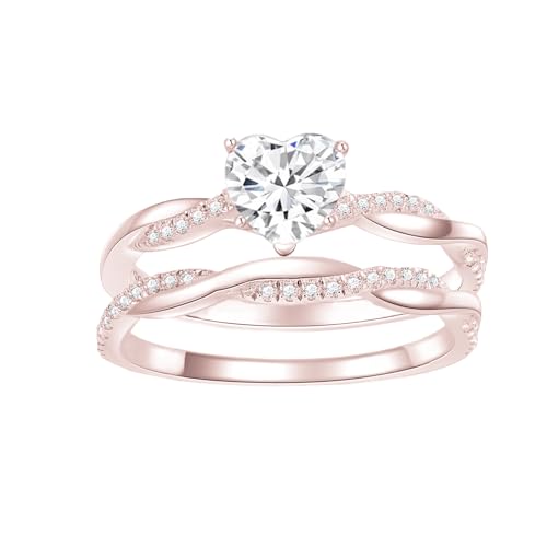 Infinity Twist Heart Cut Moissanite Engagement Ring Set for Women, 1.0 Carats Center Moissanite Wedding Ring Sets Infinity Bridal Ring Set Promise Ring Platinum Plated Silver