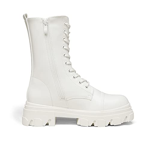 DREAM PAIRS Women's Combat Boots Lace up Mid Calf Boots Low Heel Chunky Platform Lug Sole Riding Boots,Size 8,White,DMB215