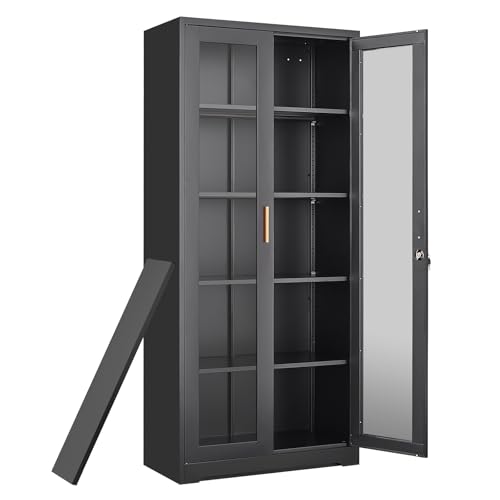 Curio Display Cabinet with Glass Doors,71”H Metal Display Case with 4 Adjustable Shelves - Black China Storage Cabinet for Collectibles, Trophies & Liquor - Locking Tall Glass Cabinet for Home