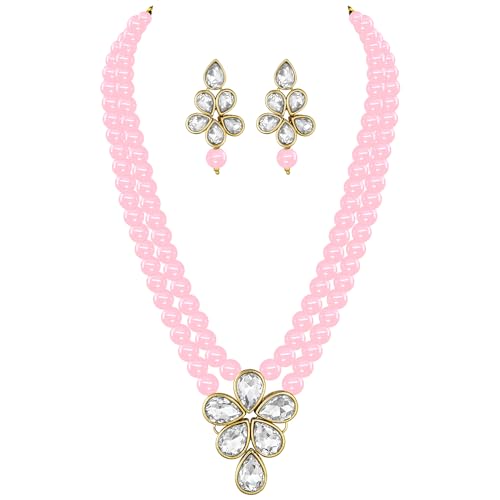Image of Peora Crystal Faux Pearl Kundan Necklace & Jewellery Set Gift for Women