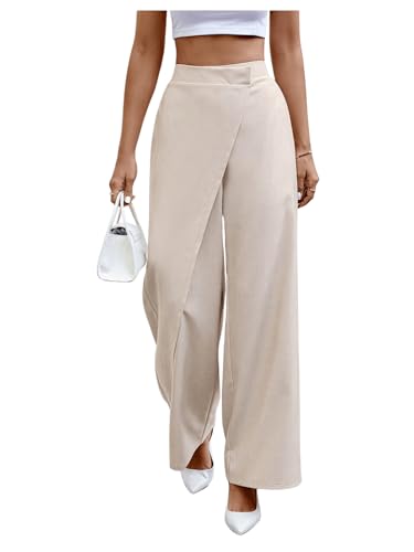 WDIRARA Women's Wrap Front Wide Leg Long Pants Elastic Waist Solid Loose Trousers