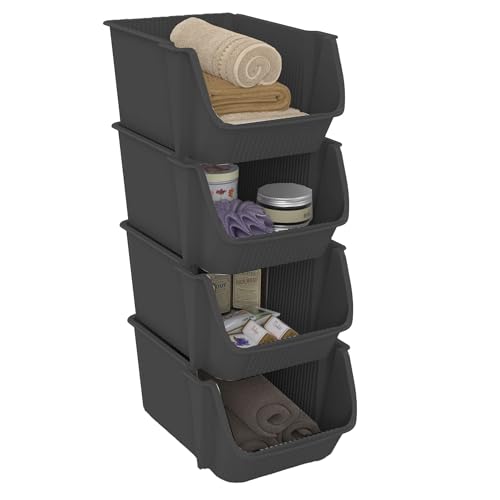 SUNDIS Fly Tower, 4 contenitori in plastica riciclata, impilabili o impilabili, grigio, ideale per officina, garage, giocattoli, cucina e bagno