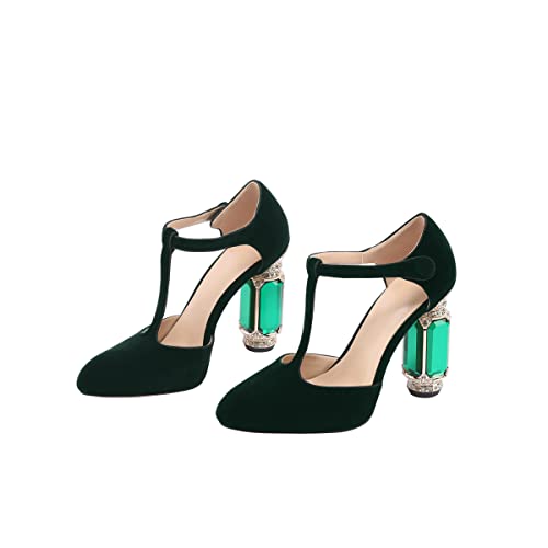 JANSEVEN Women Chunky High Heels Block Heeled Crystal Pumps Unique Jewel Gemstone Heel Round Closed Toe With Rhinestone Suede T-strap Sandals Party Bridal Wedding Shoes4