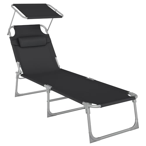 SONGMICS Bain de Soleil, Chaise Longue Pliable, 193 x 53 x 29 cm, Capacité de 150 kg, avec Pare-soleil, Appuie-Tête, Dossier Réglable, pour Jardin, Piscine,...