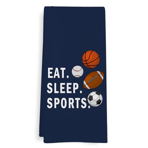 GWFSJYU Boys Kids Sports Kitchen Towels, Navy Blue Boys Sport Themed Dish Tea Towels for Kitchen, Basketball Soccer Football Baseball Decorative Hand Towel for Bathroom, Eat Sleep Sports, 16x24 in