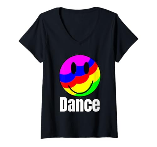 Womens Smile Face Happy Bright Rainbow Retro Dance V-Neck T-Shirt