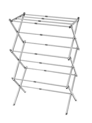 HOMION 3 Tier extendable Clothes Airer Dryer Indoor Outdoor Metal Laundry Washing Drying Rack Camping Clothes Airer Drying Rack with Washing Line Drying Space (SILVER)