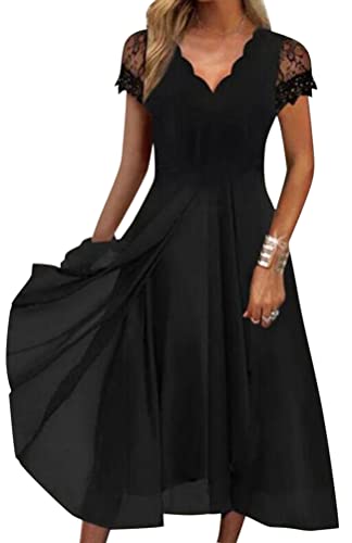 Minetom Damen Kleider Spitzenkleid Chiffon Cocktailkleid Festliches Ballkleid Brautjungfernkleider Für Hochzeit Midi Abendkleider E Schwarz L