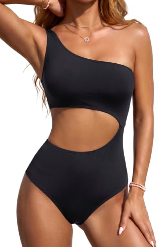 Yonique Women's One Piece Swimsuit- One Shoulder Bathing Suit Cutout Tummy Control Swimwear Black M