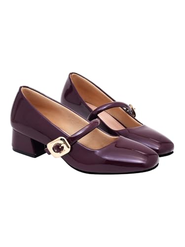 Image of Shoetopia Pumps for Women - Low Block Heel Dress Shoes with Gold Buckle Strap Classy Comfortable Low Heel